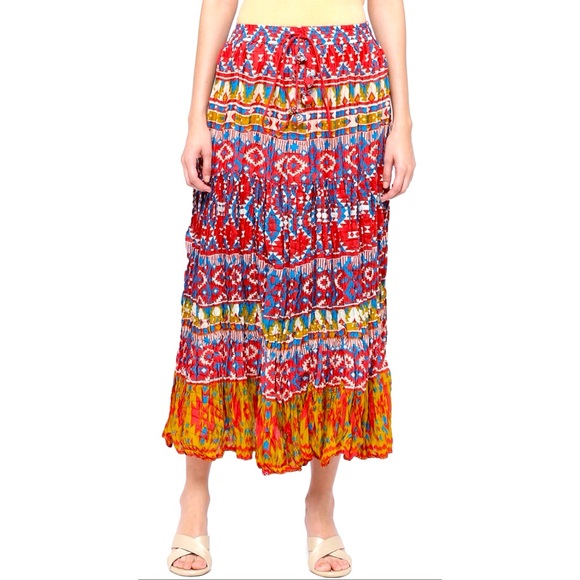 Vintage 90s Multicolour Crinkle Pleated Midi Skirt Tie Waist Elastic India M - Picture 1 of 4
